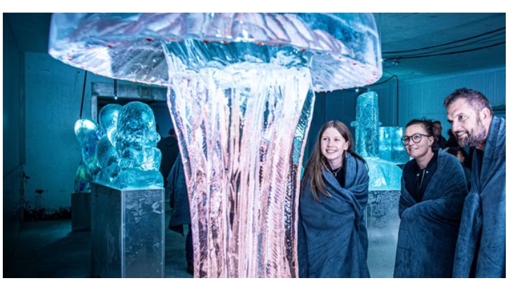 Billede af familie der kigger på isskulptur